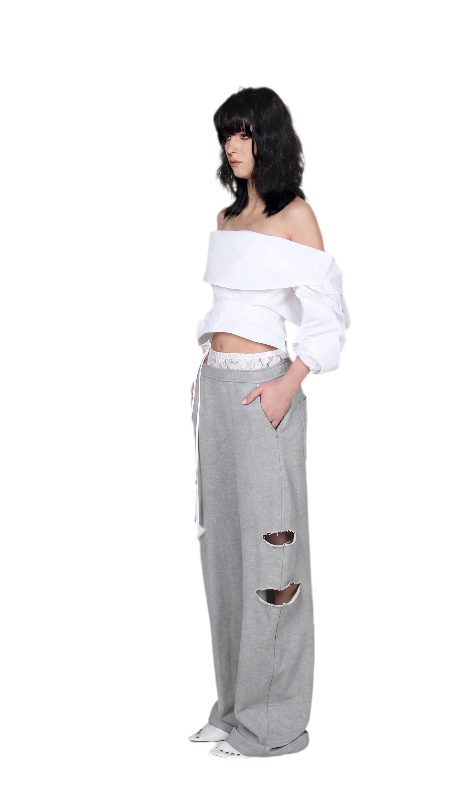 Lace Waist Distressed Pants