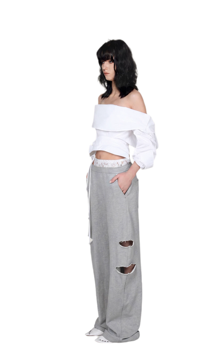 Lace Waist Distressed Pants