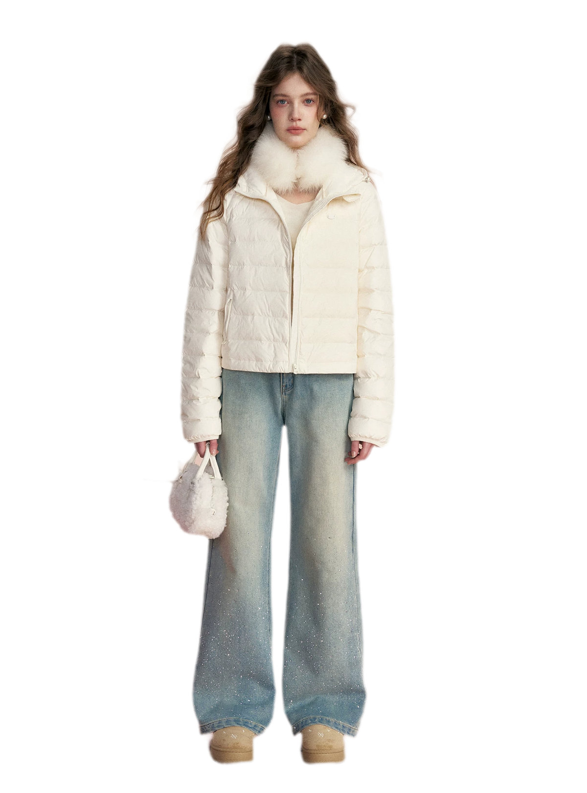 Embellished Fleece-Lined Wide-Leg Jeans