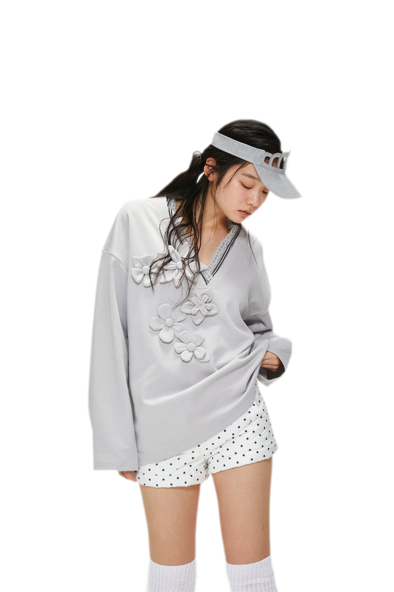 Handmade Flower Appliqué V-Neck Sweatshirt