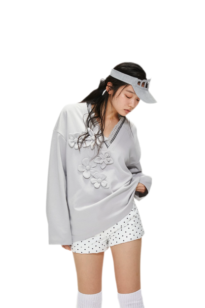 Handmade Flower Appliqué V-Neck Sweatshirt