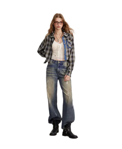 Fringe Plaid Cropped Shirt Jacket