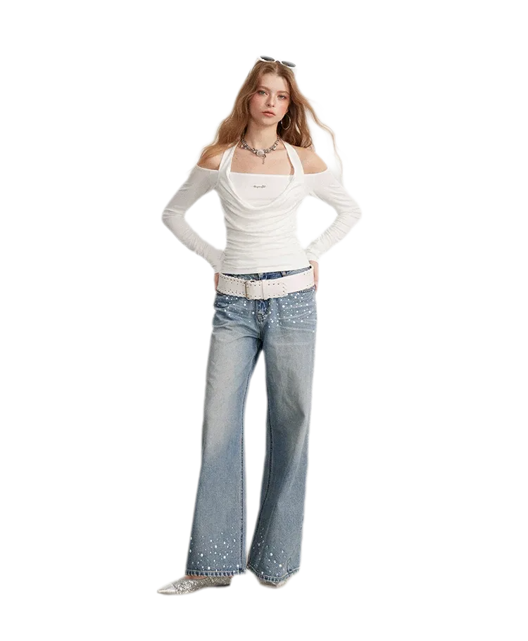 Draped Off-Shoulder Long-Sleeve Top