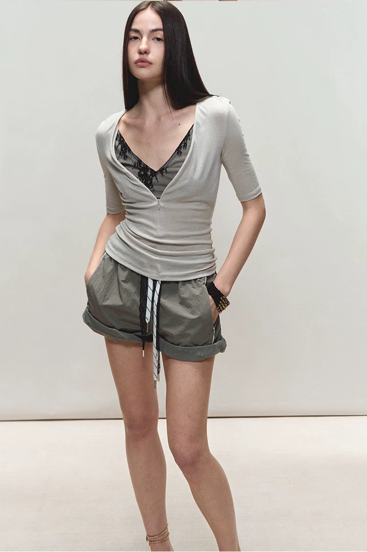 Lyocell Two-in-One Colorblock Mid-Sleeve T-Shirt