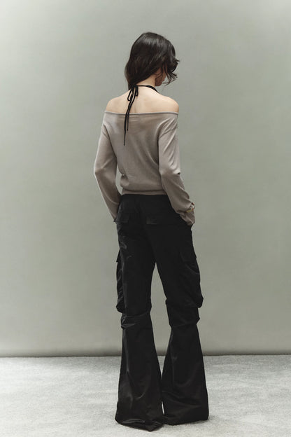 Printed Waistband Drawstring Multi-Pocket Low-Waist Cargo Pants