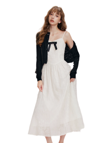 Flocked Bow Contrast Dress