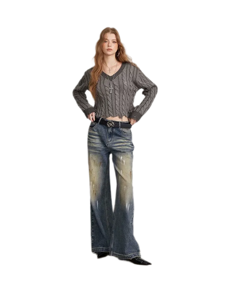 Distressed Cable Knit V-Neck Sweater