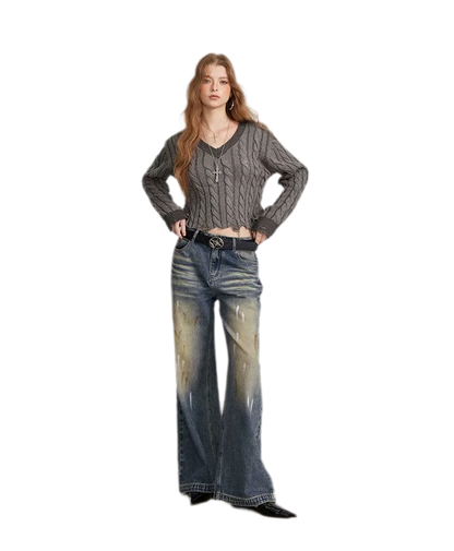 Distressed Cable Knit V-Neck Sweater