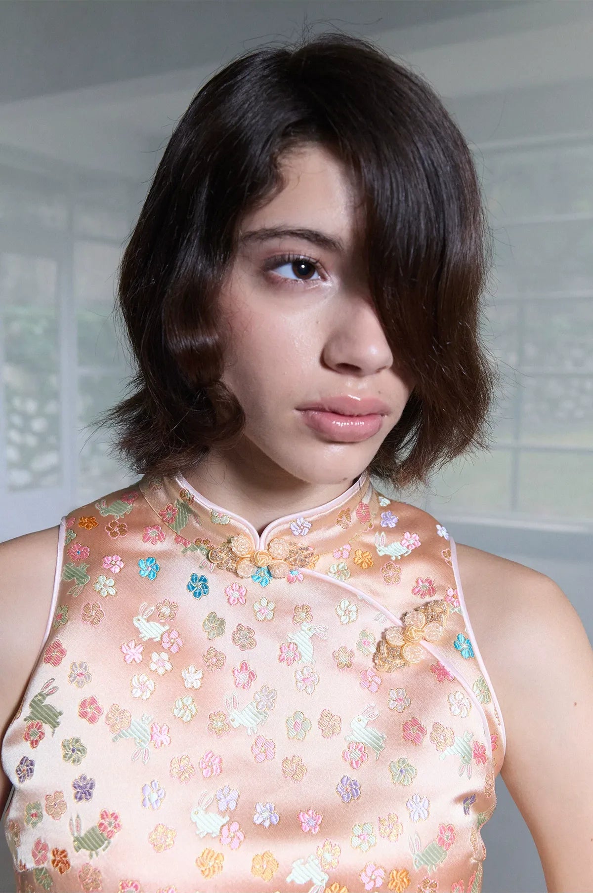 Glossy Floral Mandarin-Collar Qipao