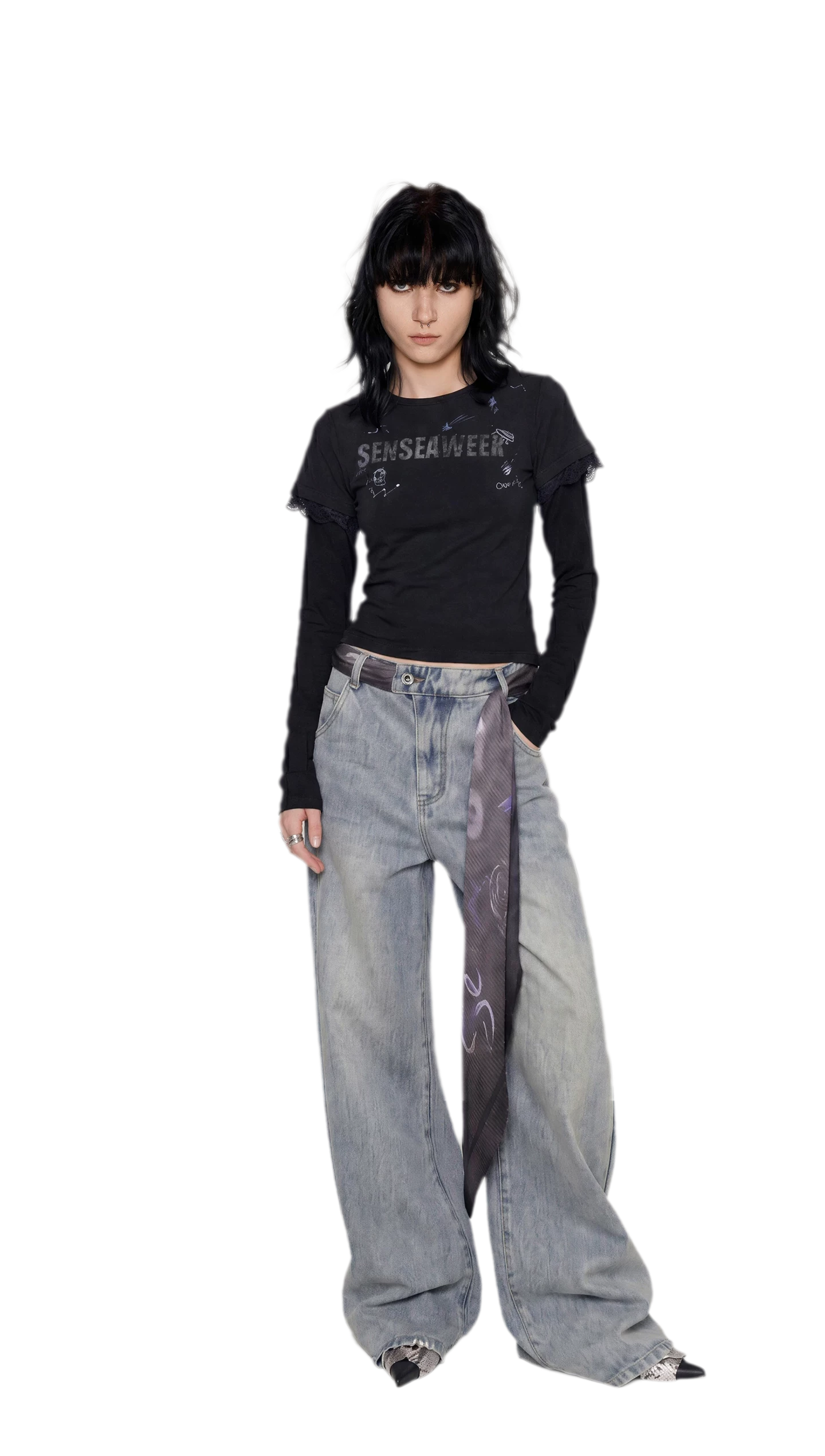 Scarf Tie Wide-Leg Jeans