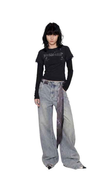 Scarf Tie Wide-Leg Jeans