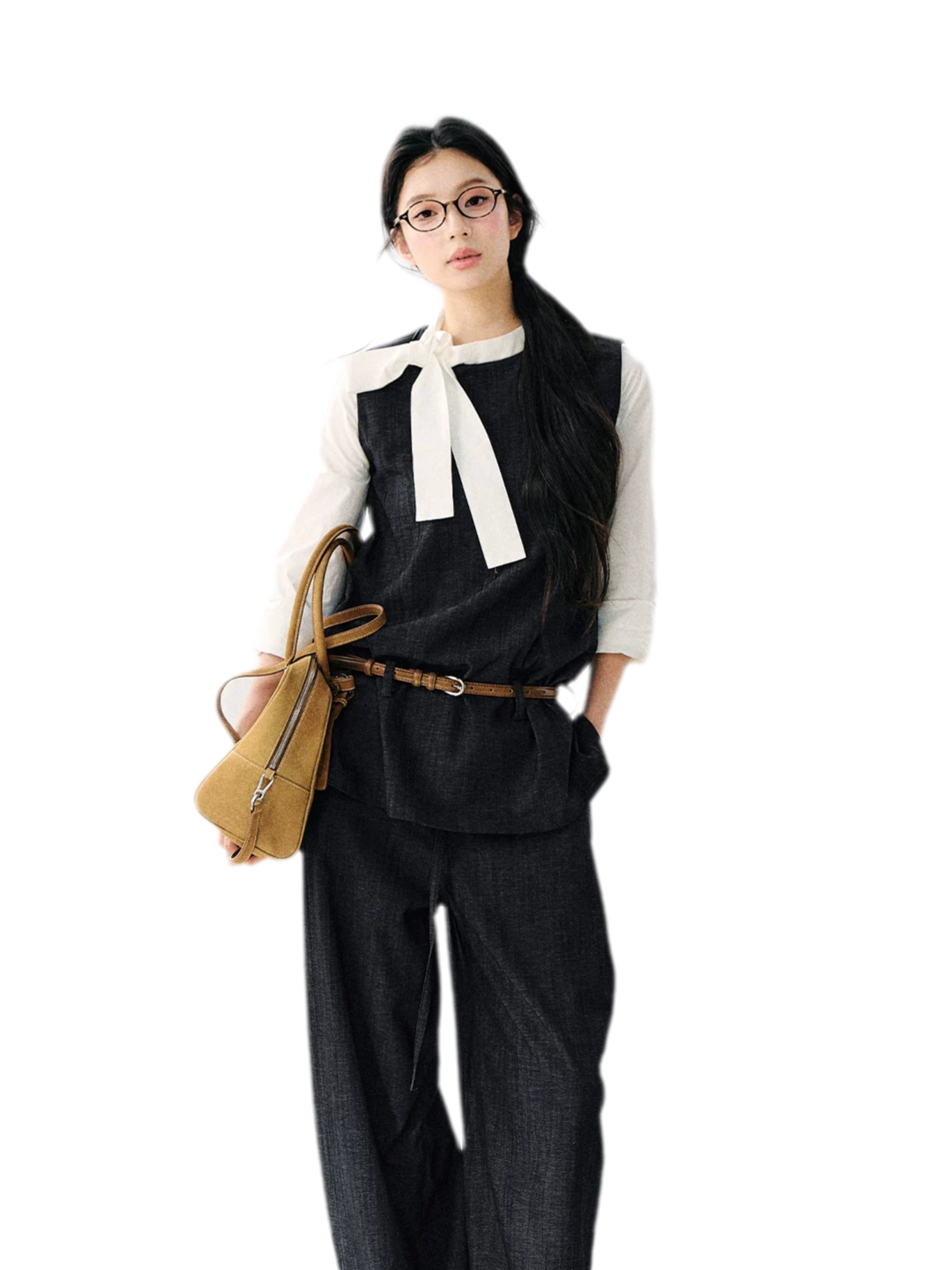 Contrast Ribbon Denim Blouse