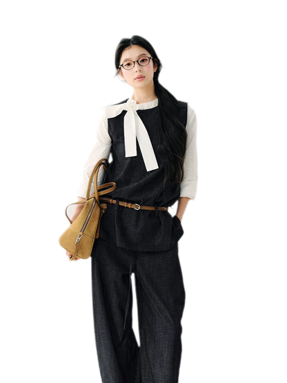 Contrast Ribbon Denim Blouse