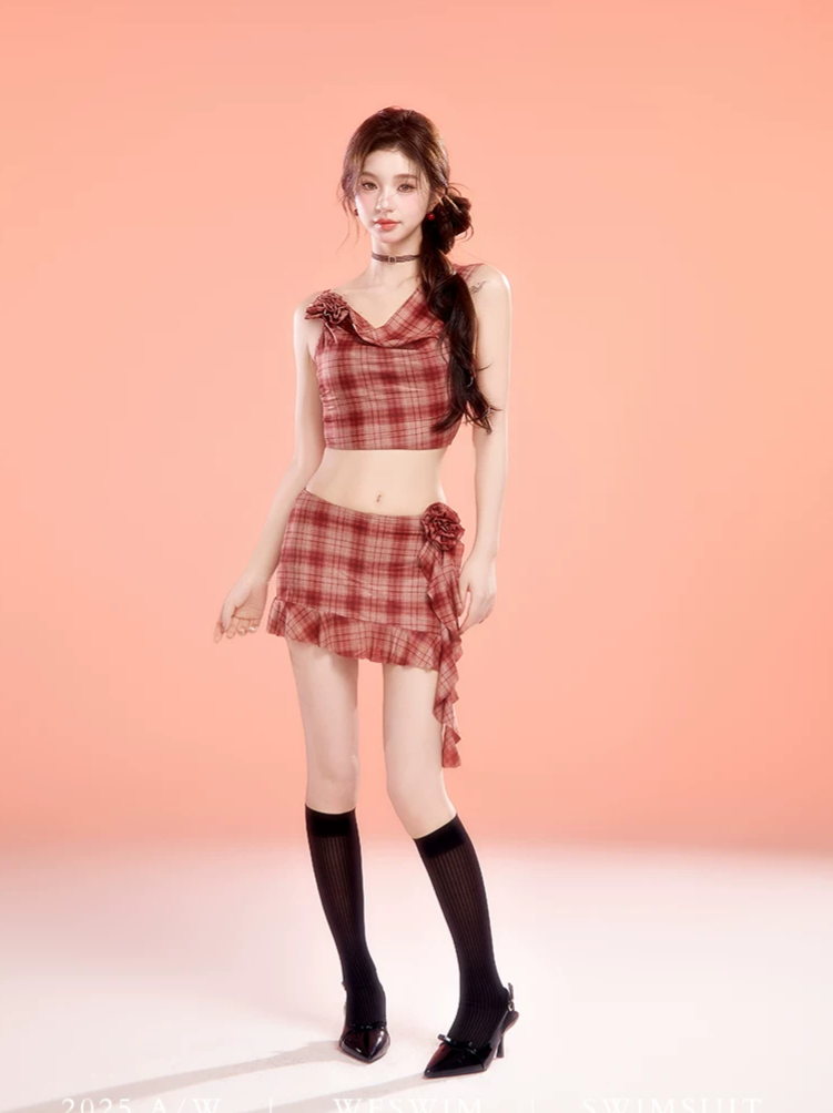 Plaid Cowl Neck Skort Set