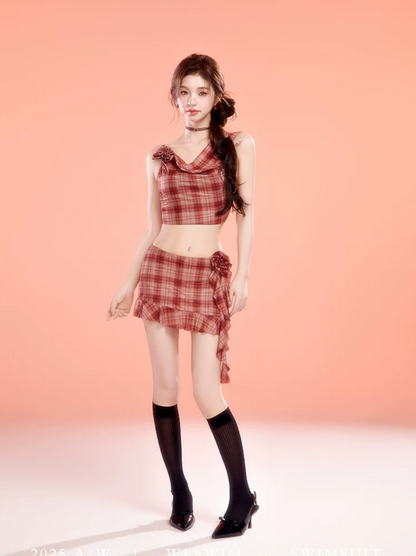 Plaid Cowl Neck Skort Set