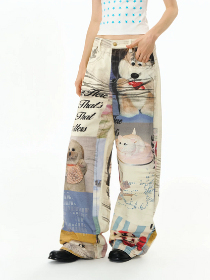 Washed Print Wide-Leg Jeans