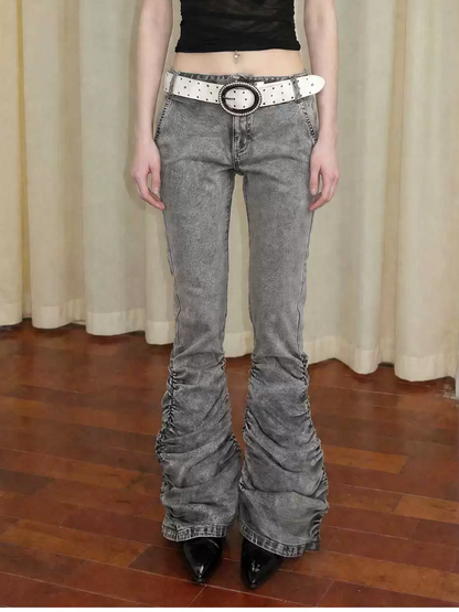 Washed Low-Rise Ruched Flare Jeans