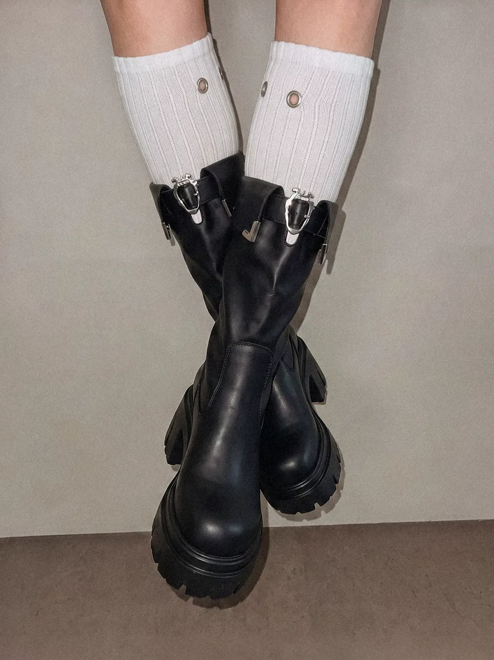 Metallic Strap Platform Mid-Calf Boots