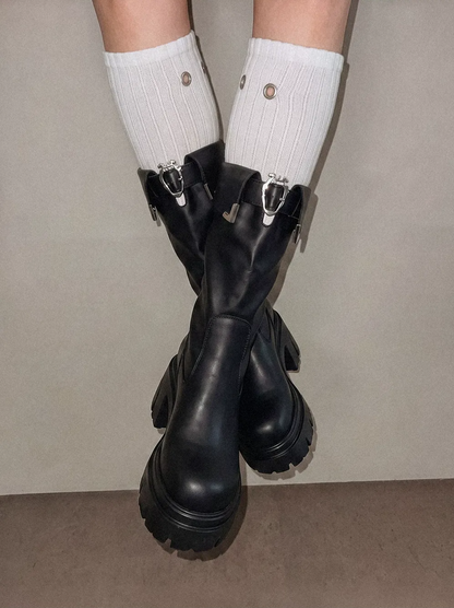 Metallic Strap Platform Mid-Calf Boots