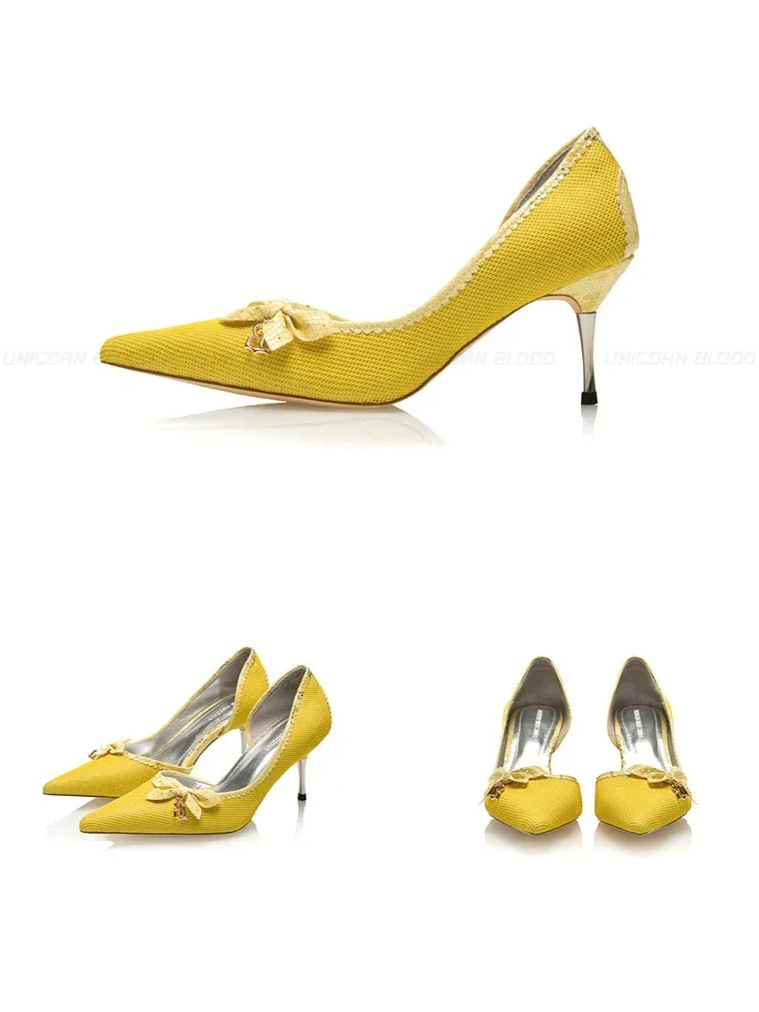 Glossy Bow Pointed-Toe Pumps