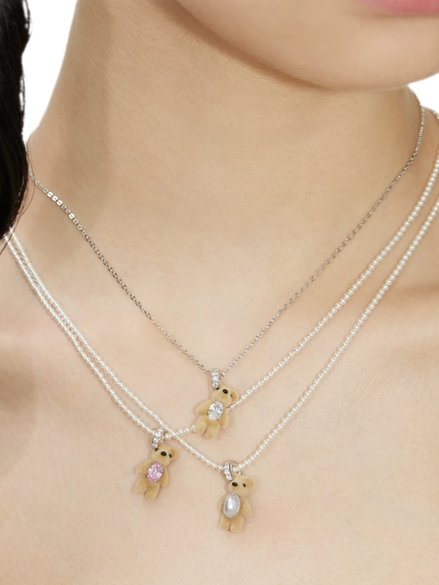Flocked Teddy Bear Necklace