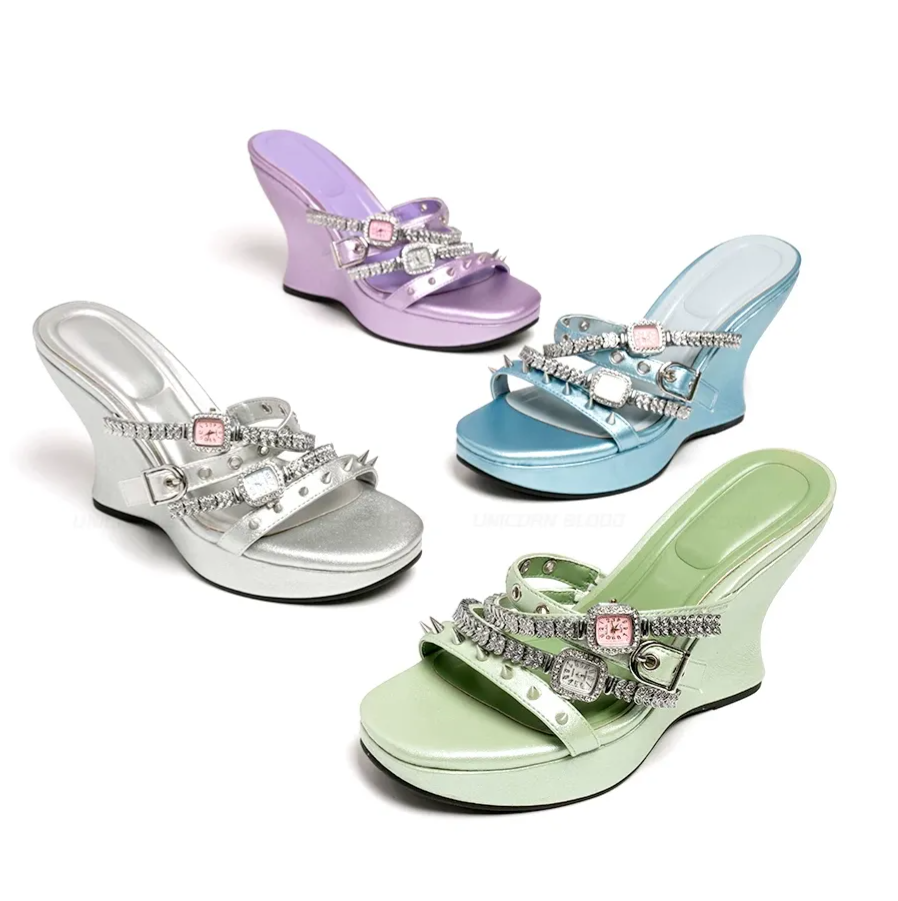 Rhinestone Strap Wedge Mules