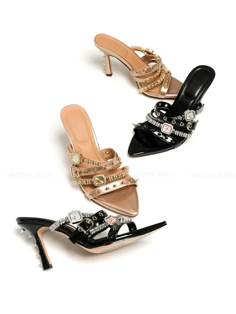 Patent Rivet Stiletto Sandals