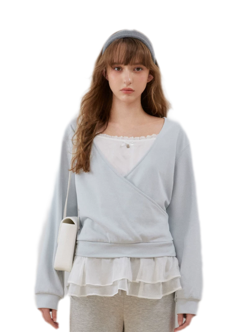 Sweatshirt met kanten ruches en V-hals