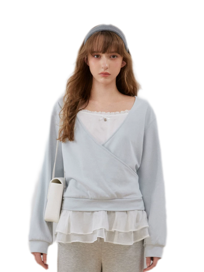 Sweatshirt met kanten ruches en V-hals