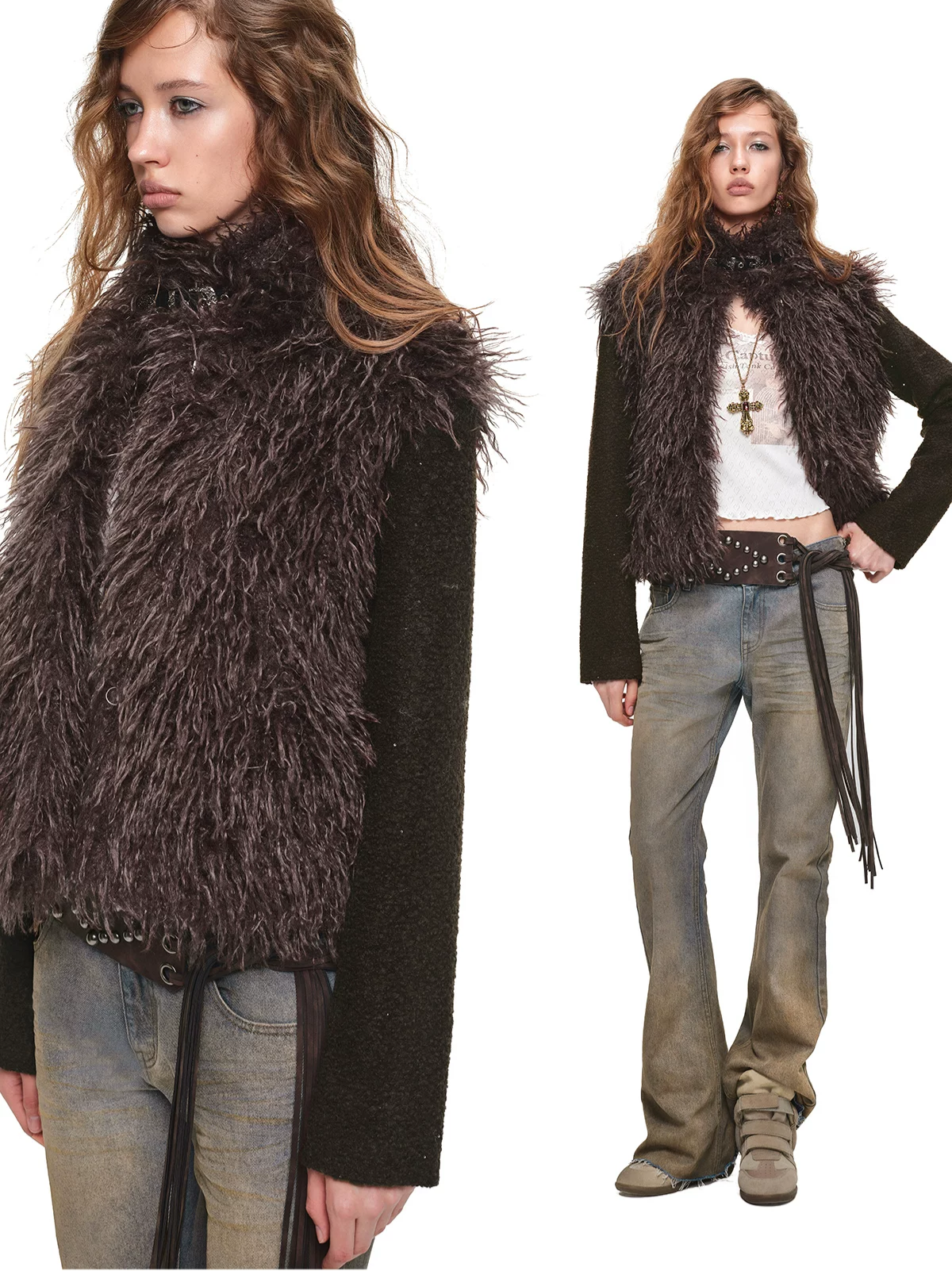 Veste courte en laine à ceinture contrastante