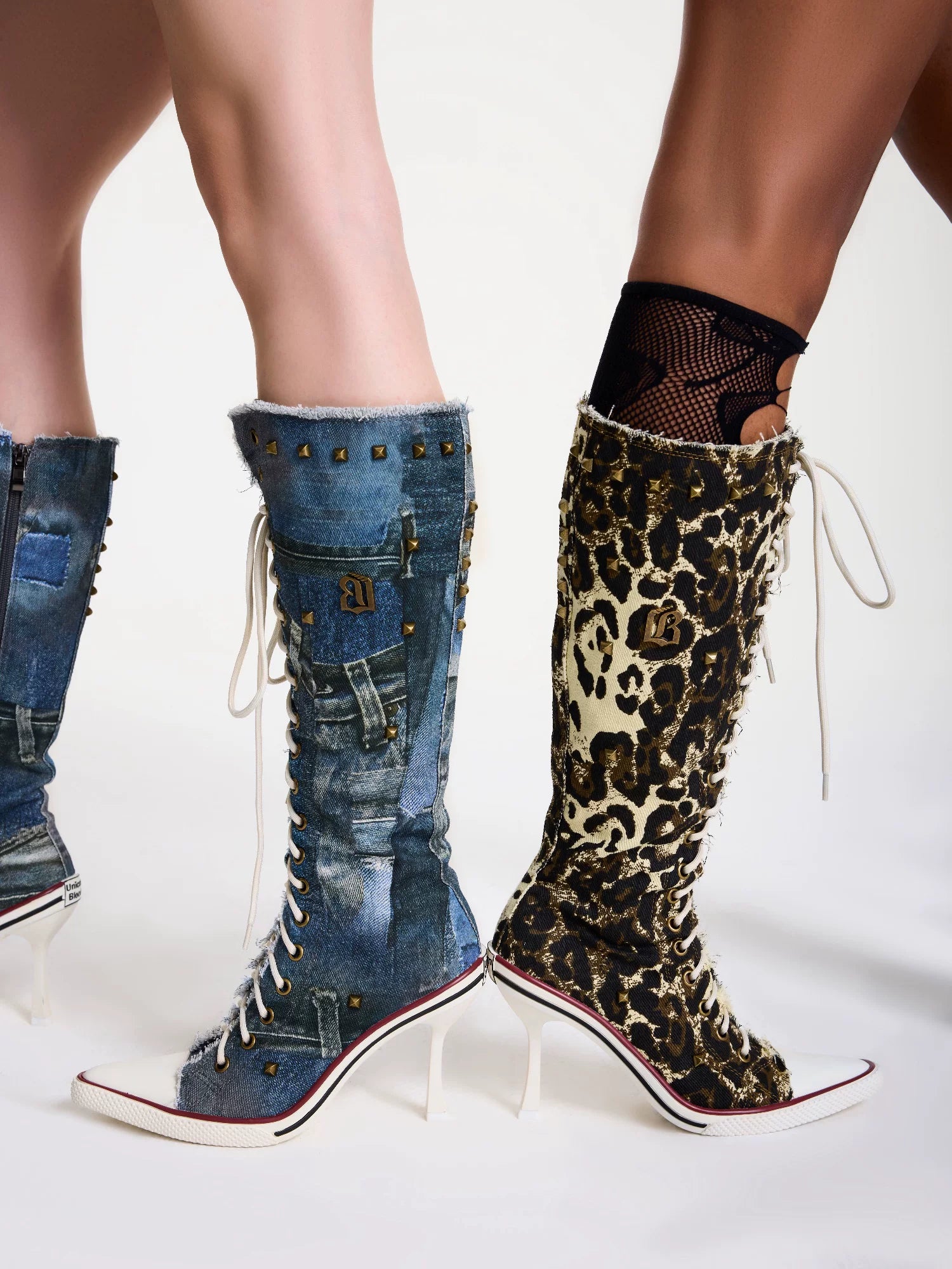 Studded Lace-Up Knee-High Boots