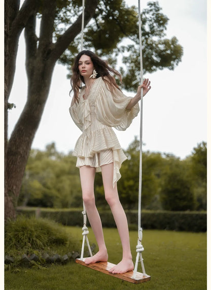 Lace Ruffle Batwing Mini Dress