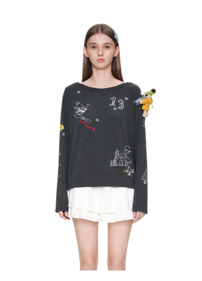 Graphic Off-Shoulder Long-Sleeve T-Shirt