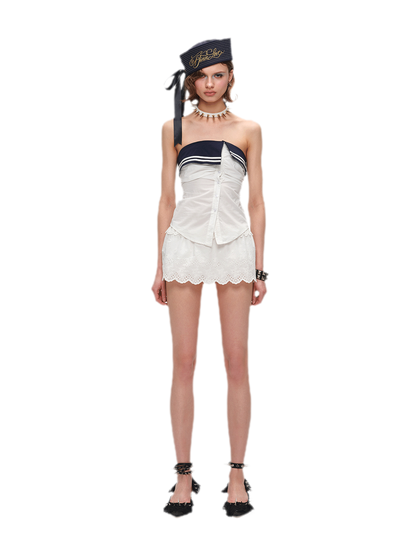 Irregular Navy Collar Sleeveless Shirt