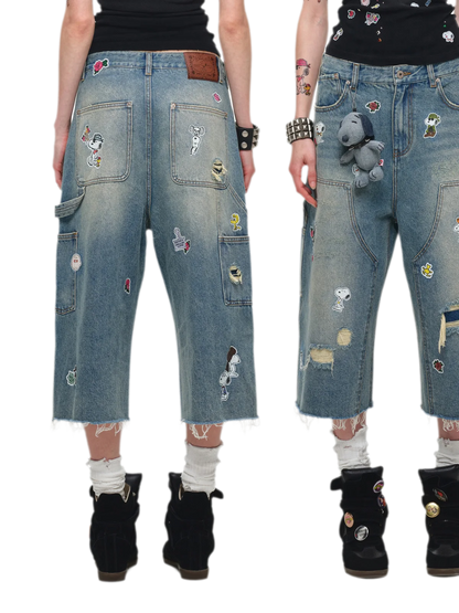 Washed Distressed Cropped Jeans