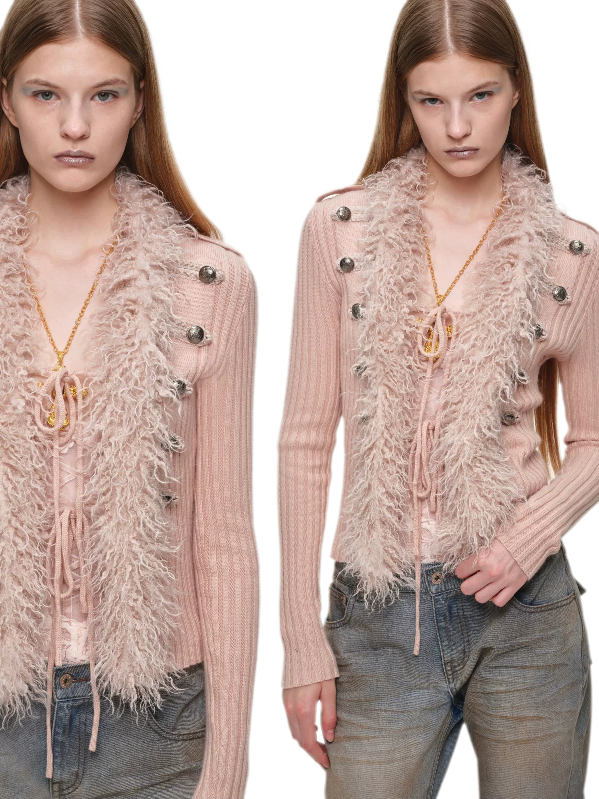 Rib-Knit Fitted Wool-Collar Cardigan