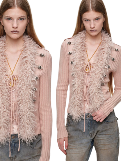 Rib-Knit Fitted Wool-Collar Cardigan