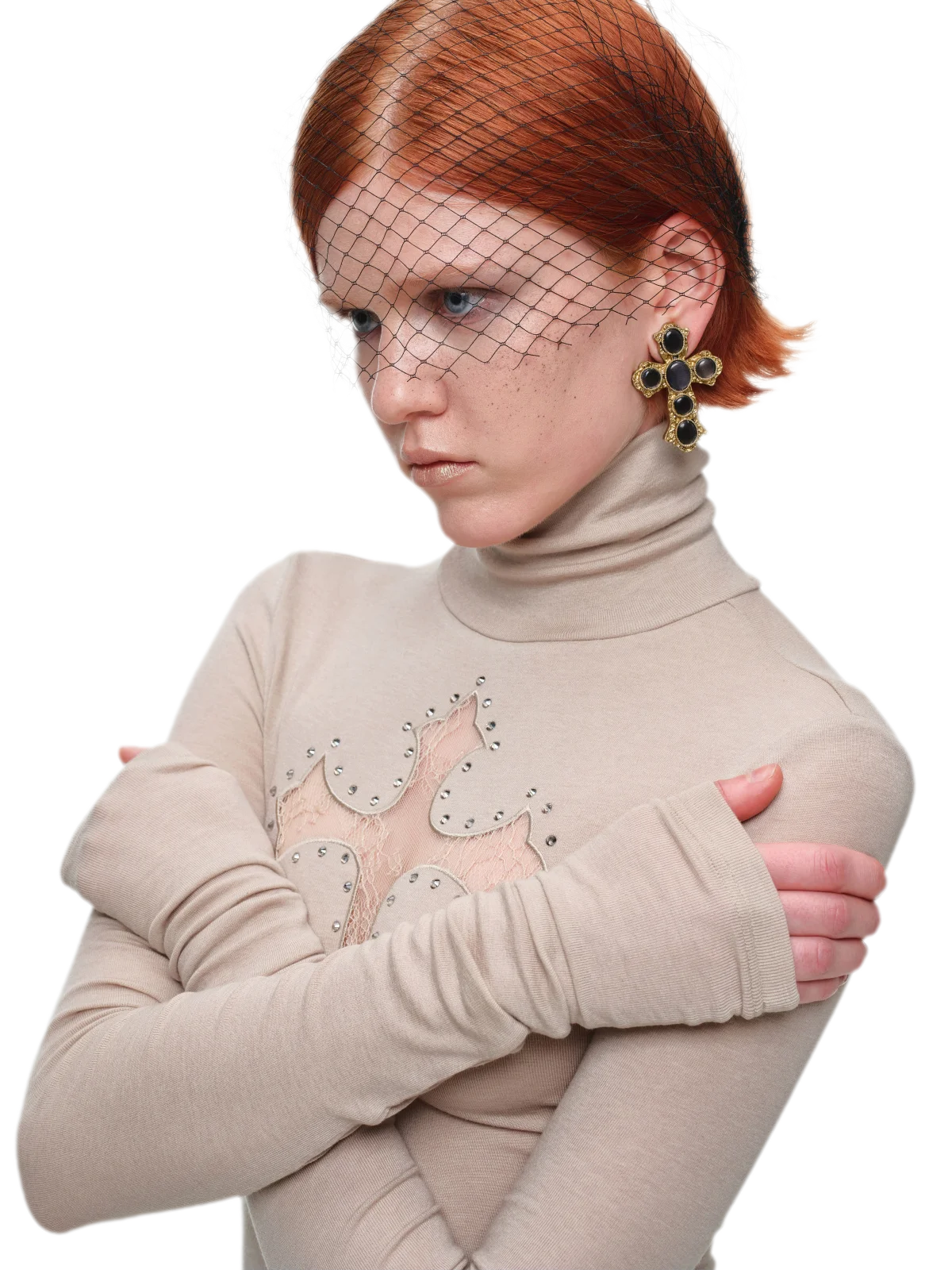 Rhinestone Lace Turtleneck Knit Top