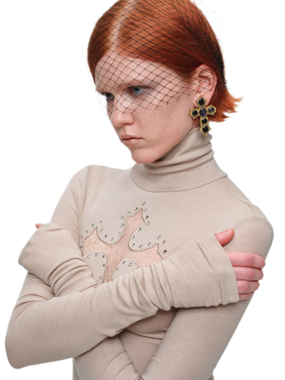 Rhinestone Lace Turtleneck Knit Top