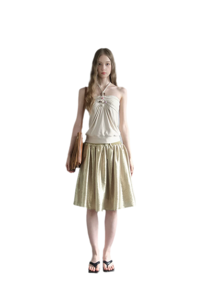 Beaded Ruched Halter Ribbed Top