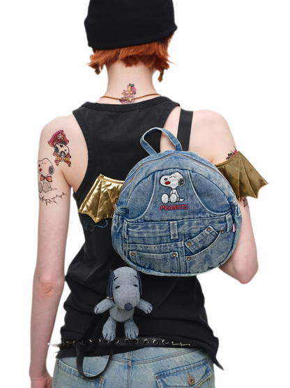 Washed Denim Embroidered Backpack