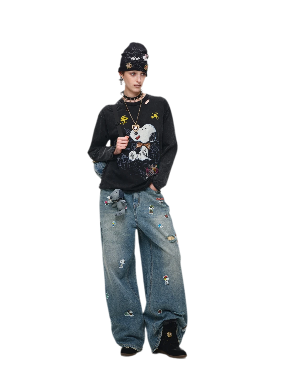 Washed Distressed Wide-Leg Jeans
