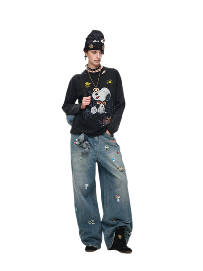 Washed Distressed Wide-Leg Jeans
