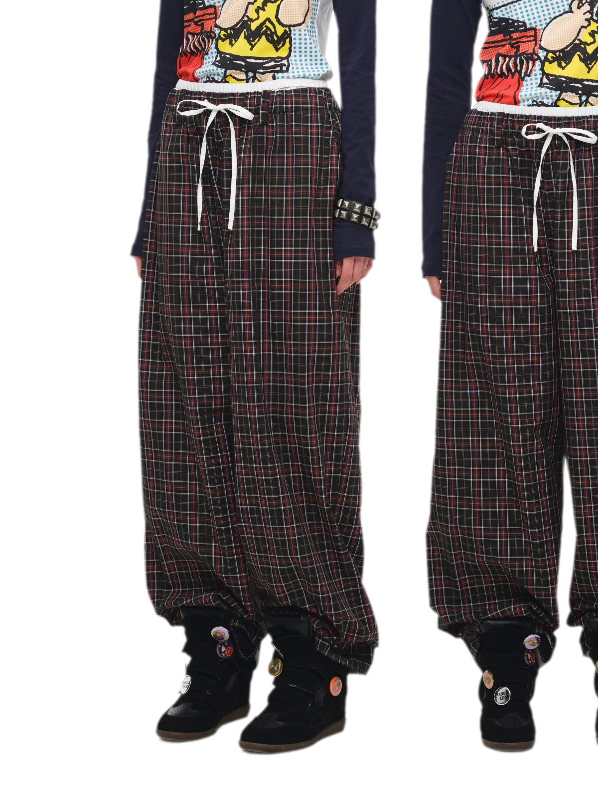 Contrast Plaid Wide-Leg Pants