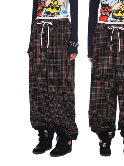 Contrast Plaid Wide-Leg Pants