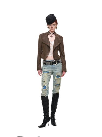 Washed Leather-Look Fitted Jacket