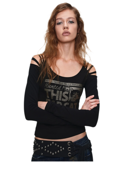 Distressed Graphic Off-Shoulder T-Shirt