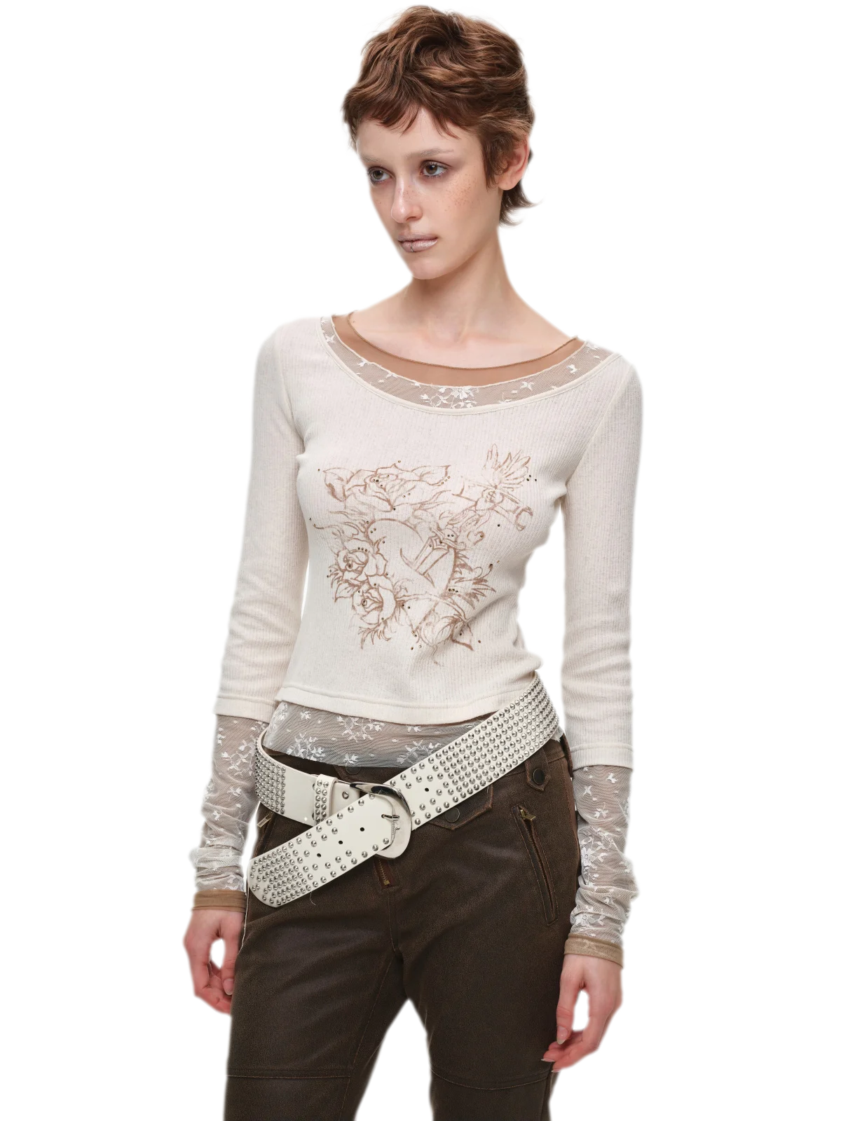 Vintage Lace Contrast Long-Sleeve Top