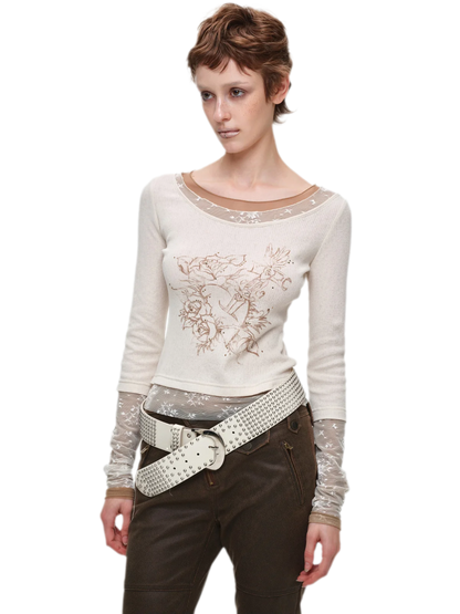Vintage Lace Contrast Long-Sleeve Top