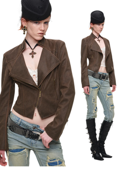Washed Leather-Look Fitted Jacket